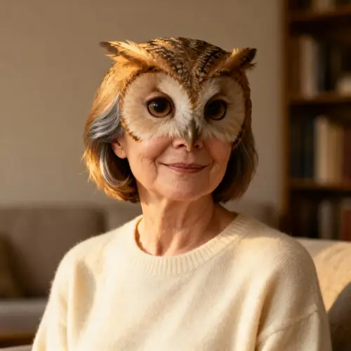 Owl-Like 55-Year-Old Woman: Unique Portrait