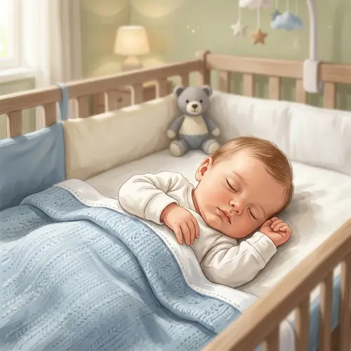 Peaceful Newborn Caucasian Baby Boy Sleeping Under Light Blue Blanket