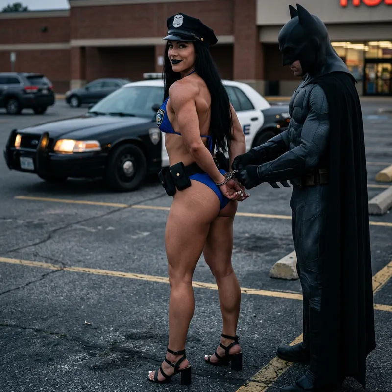 Batman Cuffs Muscular Woman in Cinematic Parking Lot Scene