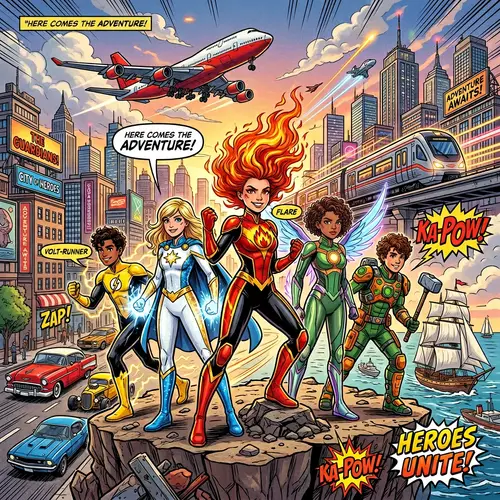 Dynamic Superhero Gathering with Flaming Red-Haired Girl and Unique Costumes
