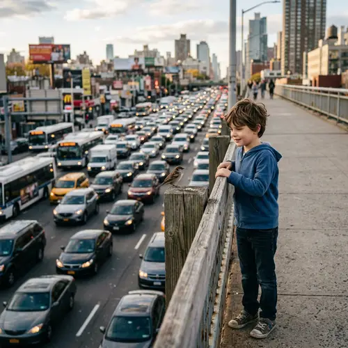 Urban Bridge Encounter: Boy and Bird in City Chaos