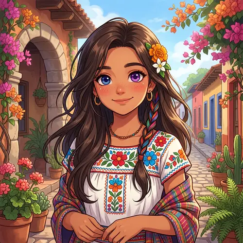 Mexican Anime Girl with Long Dark Brown Hair - Unique Purple and Blue Eyes