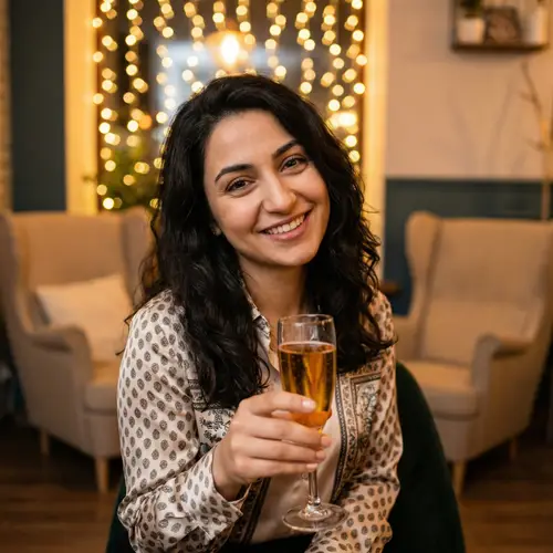 Joyful Middle Eastern Woman with Bubbly Drink | Warm Atmosphere