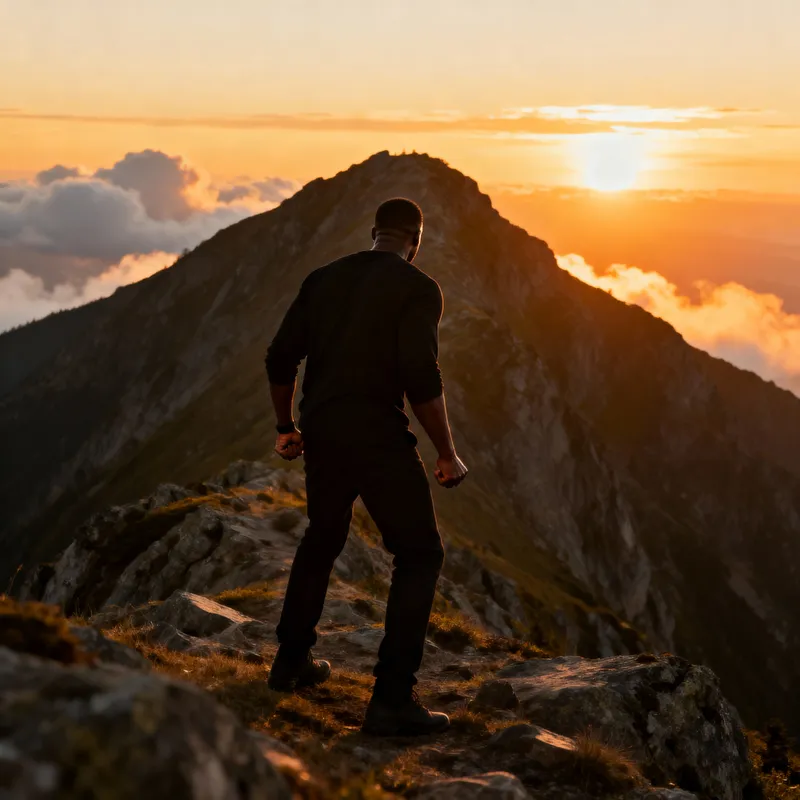 Anxious Moment: Man on Black Mountain at Sunset