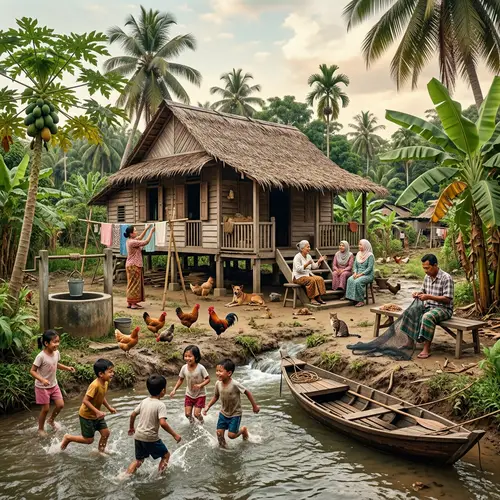 Traditional Singapore Kampong House Scene - 1960s