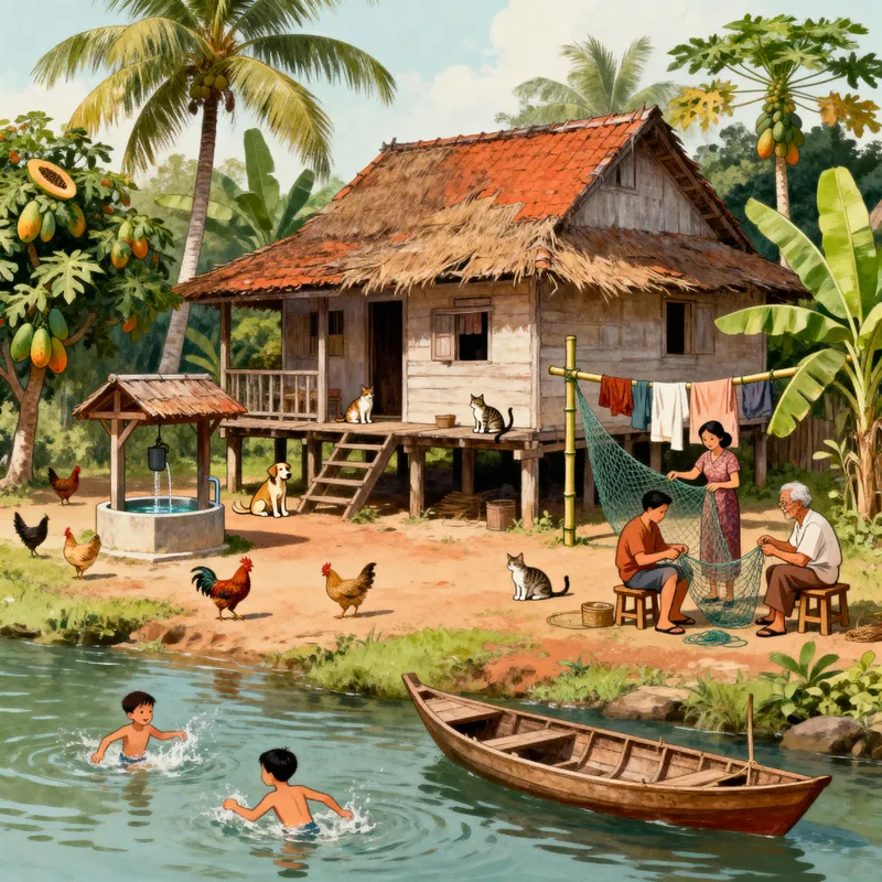 Traditional Singapore Kampong House Scene - 1960s