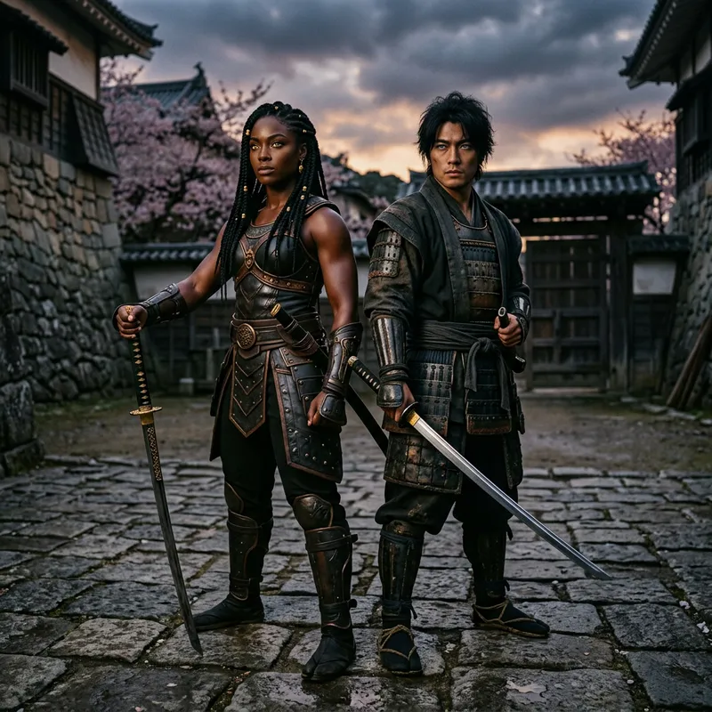 Black Woman and Asian Man with Swords - Partners in Duel