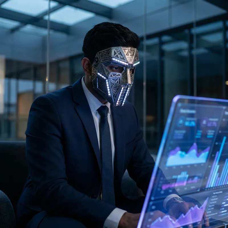 Modern Man in Sharp Suit with Mystery Mask | Essence of Sophistication