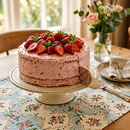 Delicious Strawberry Cake with Frosting and Fresh Strawberries