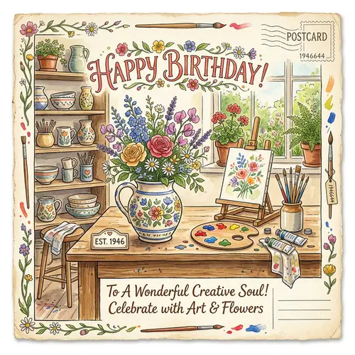 Happy Birthday Postcard with Flower Decorations