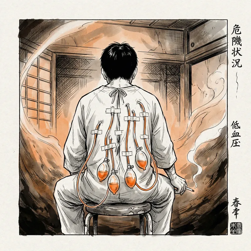 Detailed Japanese Manga Drawing: Patient's Back with Drains