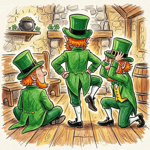 Playful Hand-Drawn Cartoon Leprechaun Scene