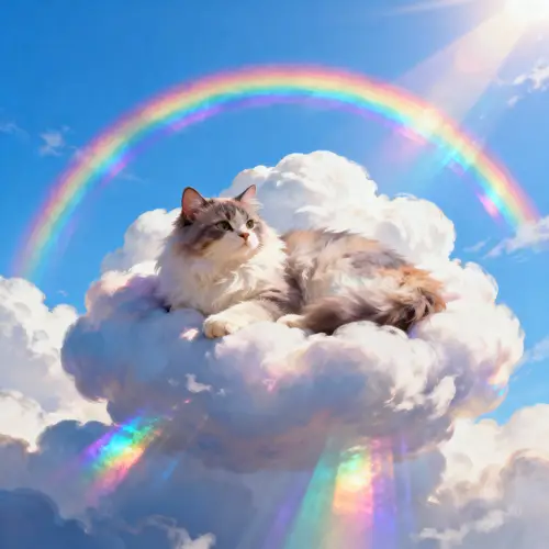 Cat in a Cloud with a Rainbow - Dreamy Art