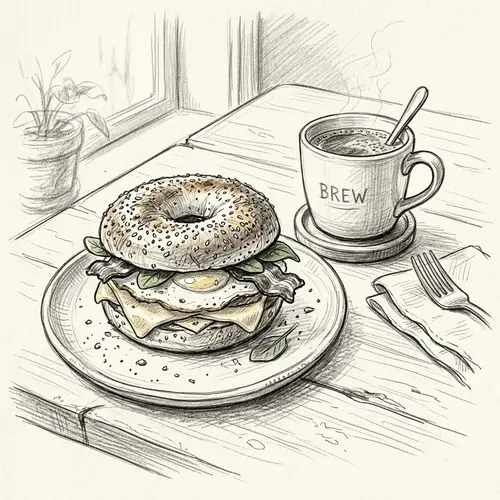 Bagel Breakfast Sandwich & Coffee Sketch