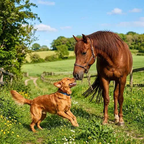 Dog and Horse Playful Interaction in Verdant Fields