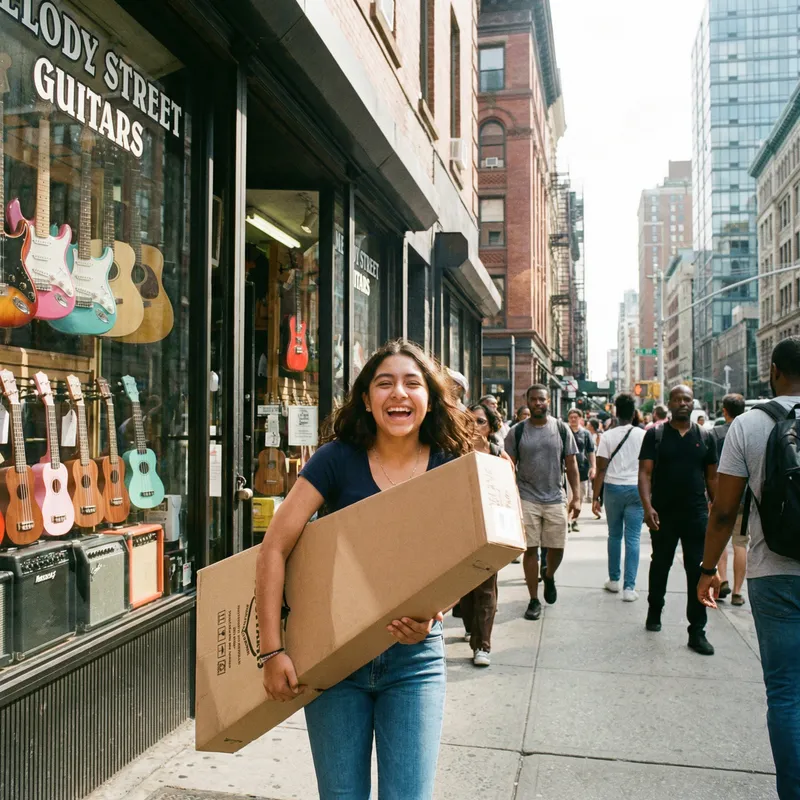 Ecstatic Teenage Girl Leaves Guitar Store with Large Box Ecstatic Teenage Girl Leaves Guitar Store with Large Box