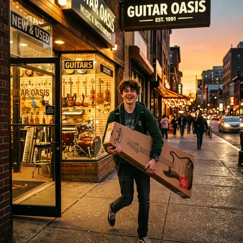 Teenager Excitedly Leaving Music Store with New Guitar