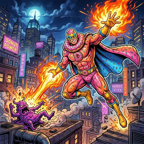 Eccentric Donut Superhero with Colorful Sprinkles Shooting Fireball
