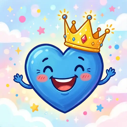 Smiling Blue Heart Emoji with Golden Crown Illustration