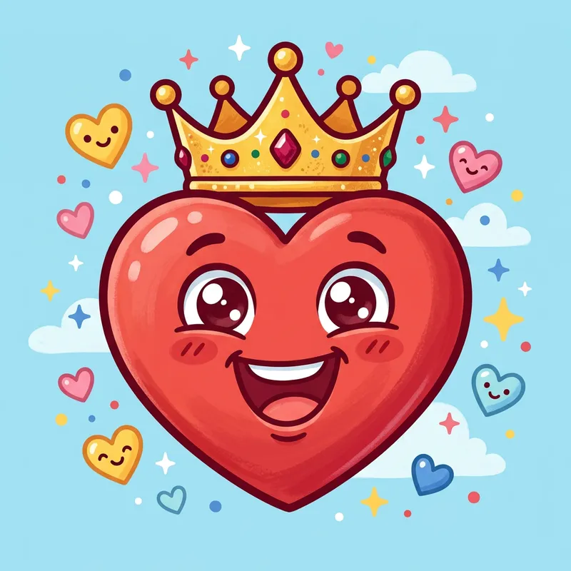 Joyful Red Heart with Golden Crown Cartoon Illustration
