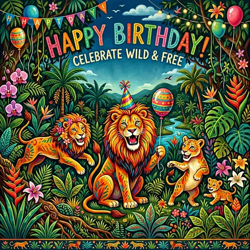 Vibrant & Colorful Birthday Poster with Majestic Lions - Henri Rousseau Inspired