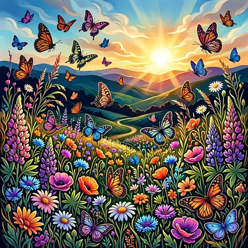 Vibrant Meadow of Blooming Wildflowers & Butterflies