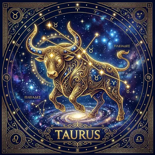 Celestial Taurus Horoscope Design with Golden Bull Emblem