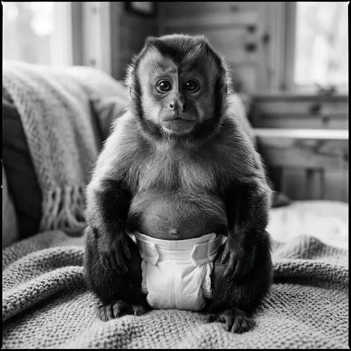 Adorable Chubby Monkey with Diaper in Black and White