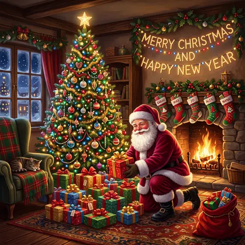 Festive Christmas Scene with Santa, Gifts & Twinkling Lights