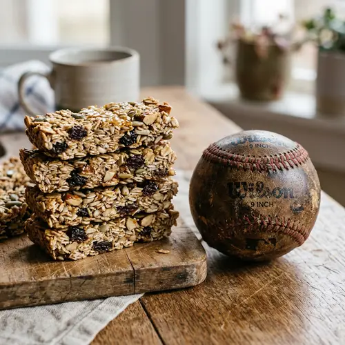 Texture-Rich Granola Bars and Worn-Out Leather Ball Composition