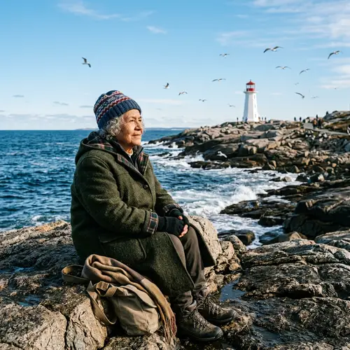 Elderly Hispanic Individual Contemplating at Peggy's Cove