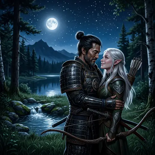 Romantic Samurai & High Elf Archer Love Scene Under Starry Sky
