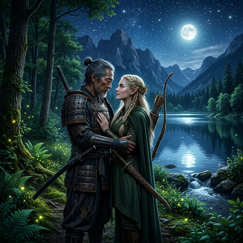 Intimate Moment: Aged Samurai Embraces Beautiful Elf Archer Under Moonlight Intimate Moment: Aged Samurai Embraces Beautiful Elf Archer Under Moonlight