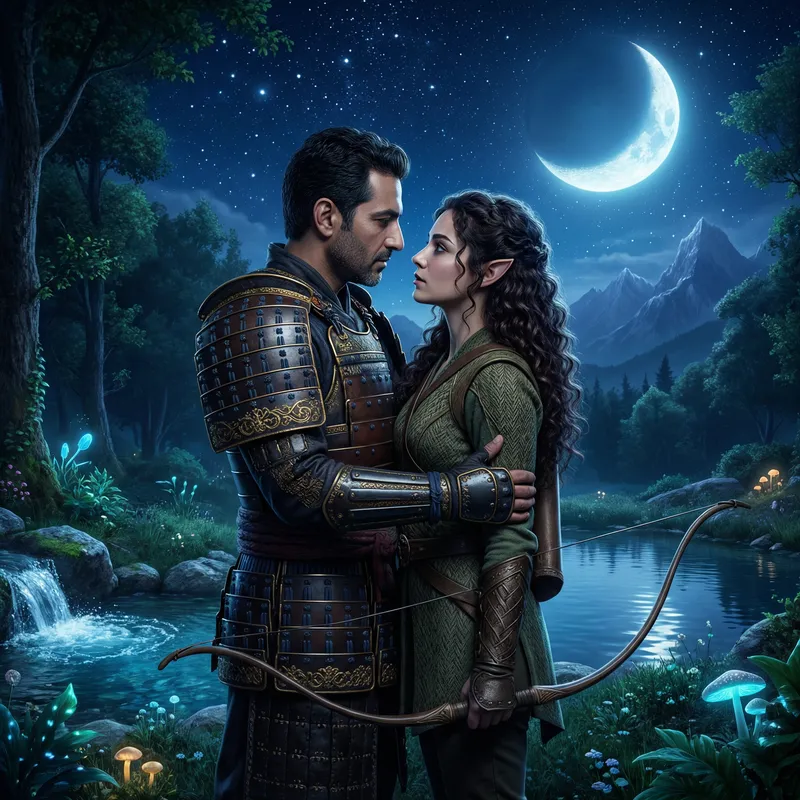 Romantic Samurai Embracing High Elf Archer Under Moonlight Romantic Samurai Embracing High Elf Archer Under Moonlight