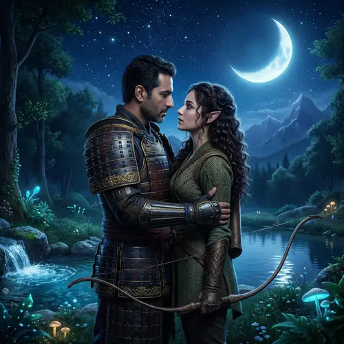 Romantic Samurai and High Elf Archer Love Scene Under the Stars