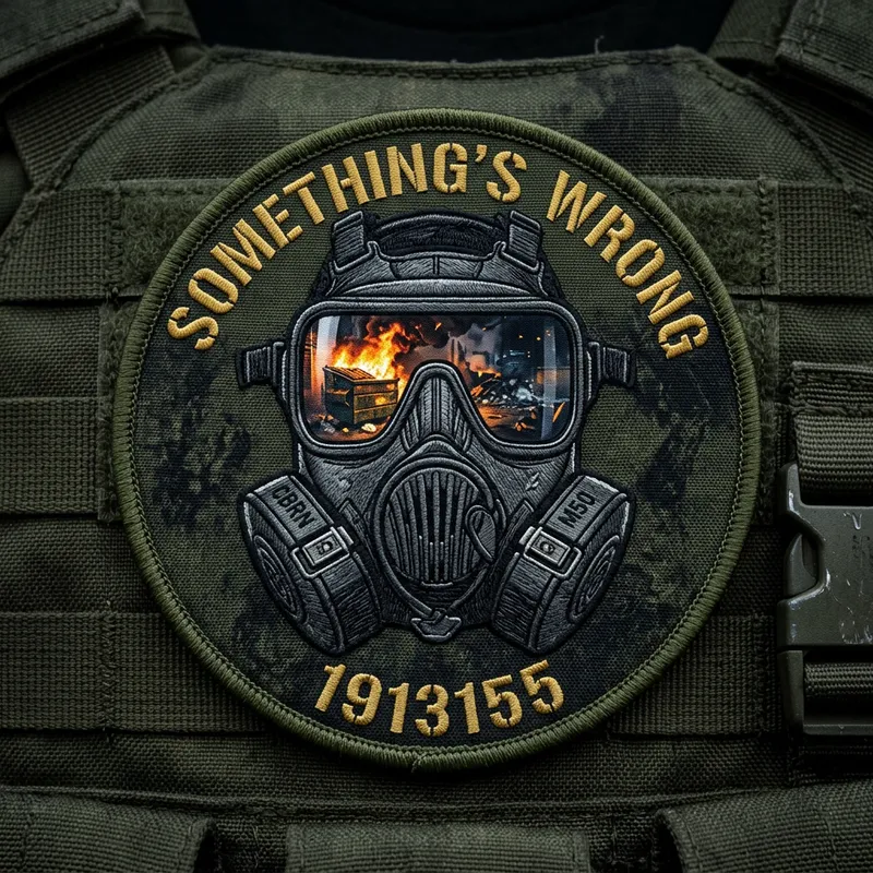 Military Gas Mask Patch with Dumpster Fire Reflection