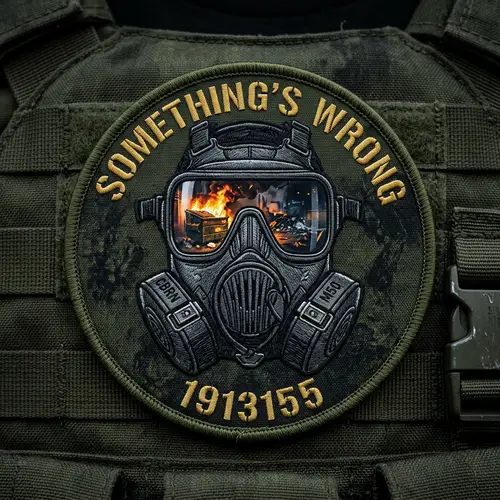 Military Gas Mask Patch with Dumpster Fire Reflection