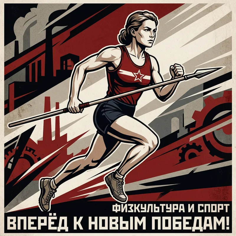 Athletic Caucasian Girl Running with Spear in bold USSR Poster Style