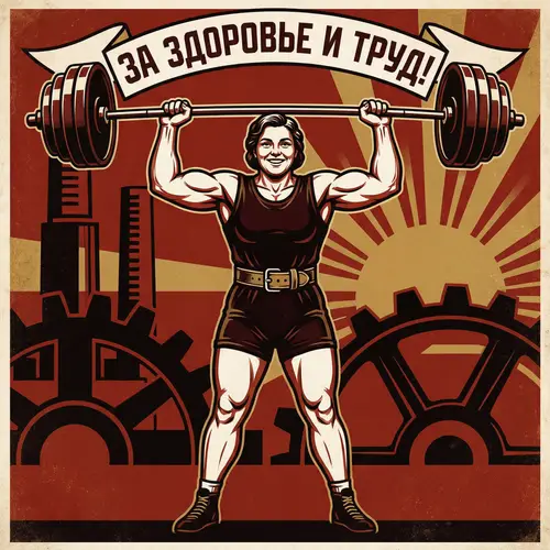 Strong Female Athlete Lifting Barbell | Vintage USSR Style Poster Art