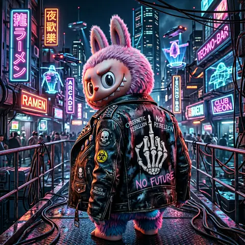 Labubu in Leather Jacket with Cyberpunk Style