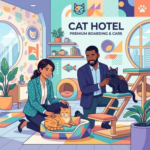 Professional Cat Boarding Service with Corporate Memphis Style