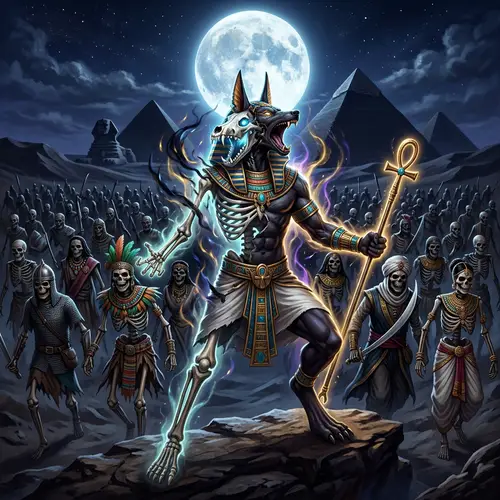Anubis Transformation into Skeleton with Pyramids and Army of Skeletons