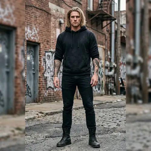 Intense 30-Year-Old Man with Tattoos and Combat Boots