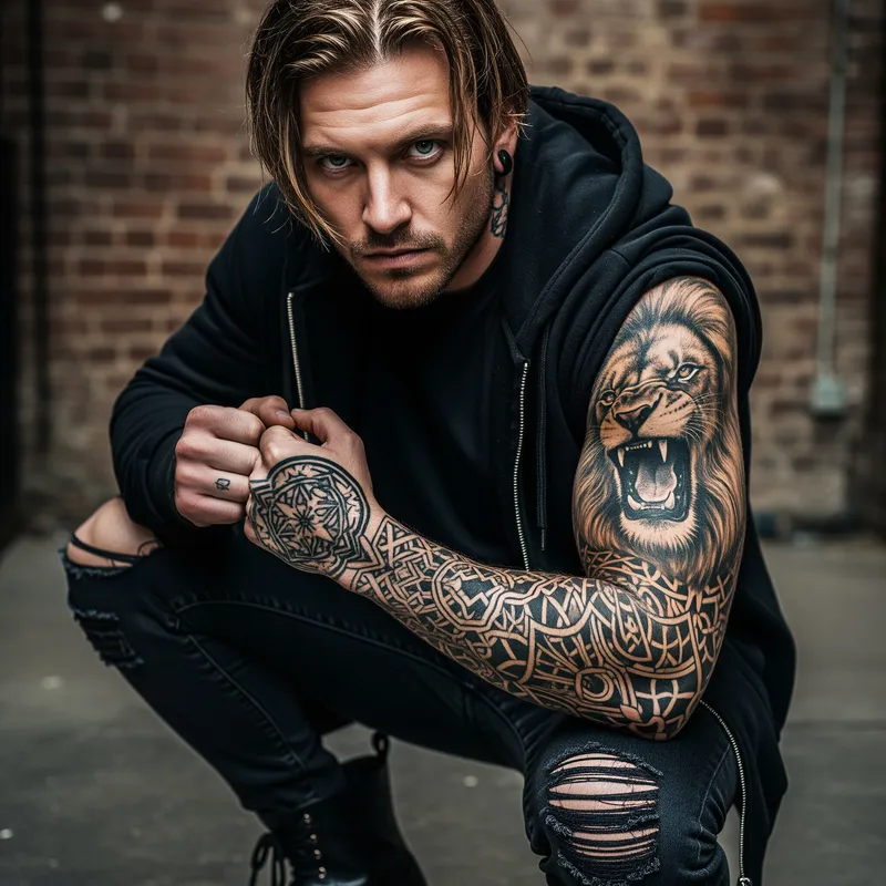 Intense 30-Year-Old Man with Tattoos and Combat Boots