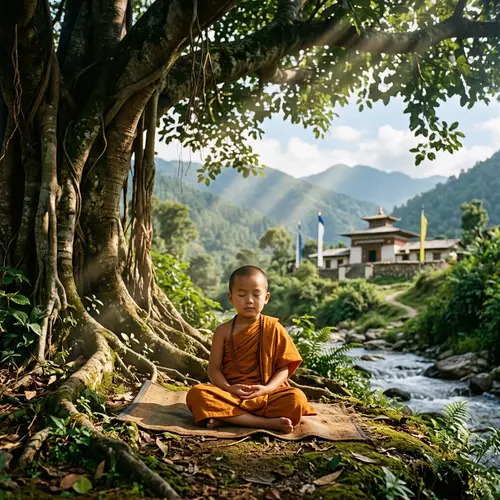 Peaceful Meditation of Young Buddhist Monk in Nature