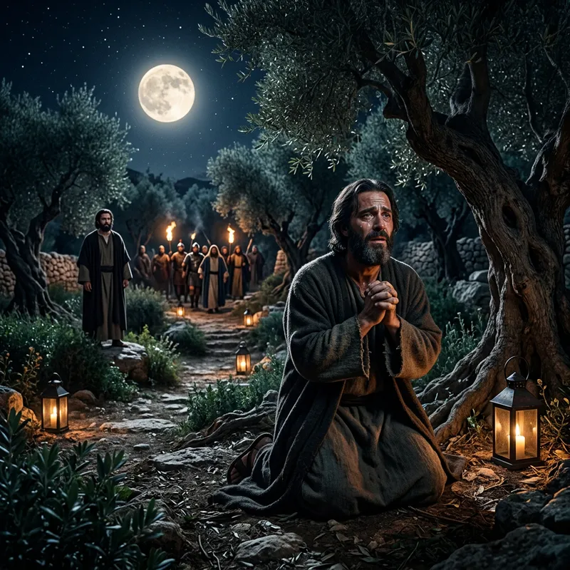 Hyperrealistic Image of Betrayal in Ancient Garden: Jesus at Gethsemane