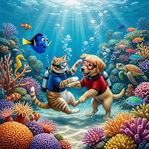Playful Cat and Dog Underwater | Coral Reef Sea Creatures