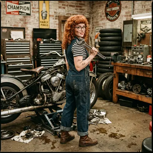 Vintage Pinup Girl Motorcycle Mechanic Art