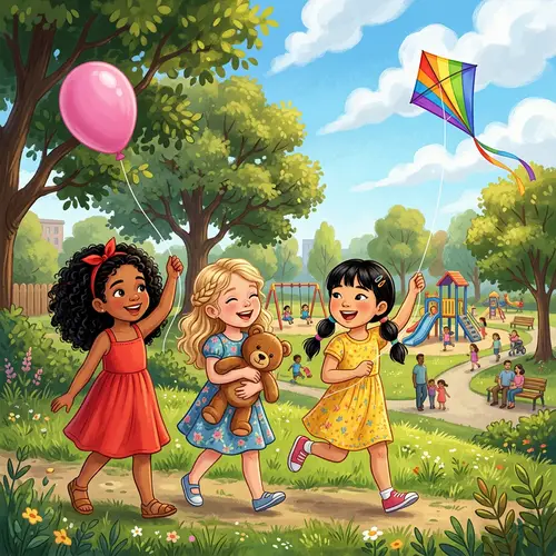 Diverse Girls Enjoying Park | Children Illustration