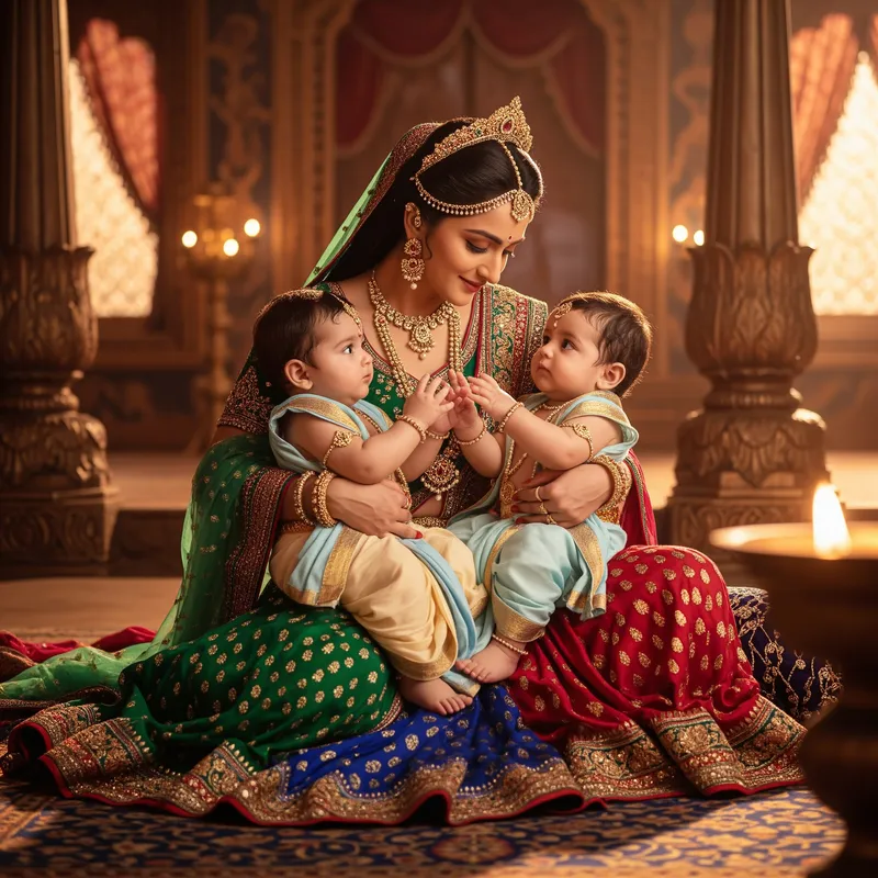 Queen Sumitra with Her Twin Sons: A Regal Scene